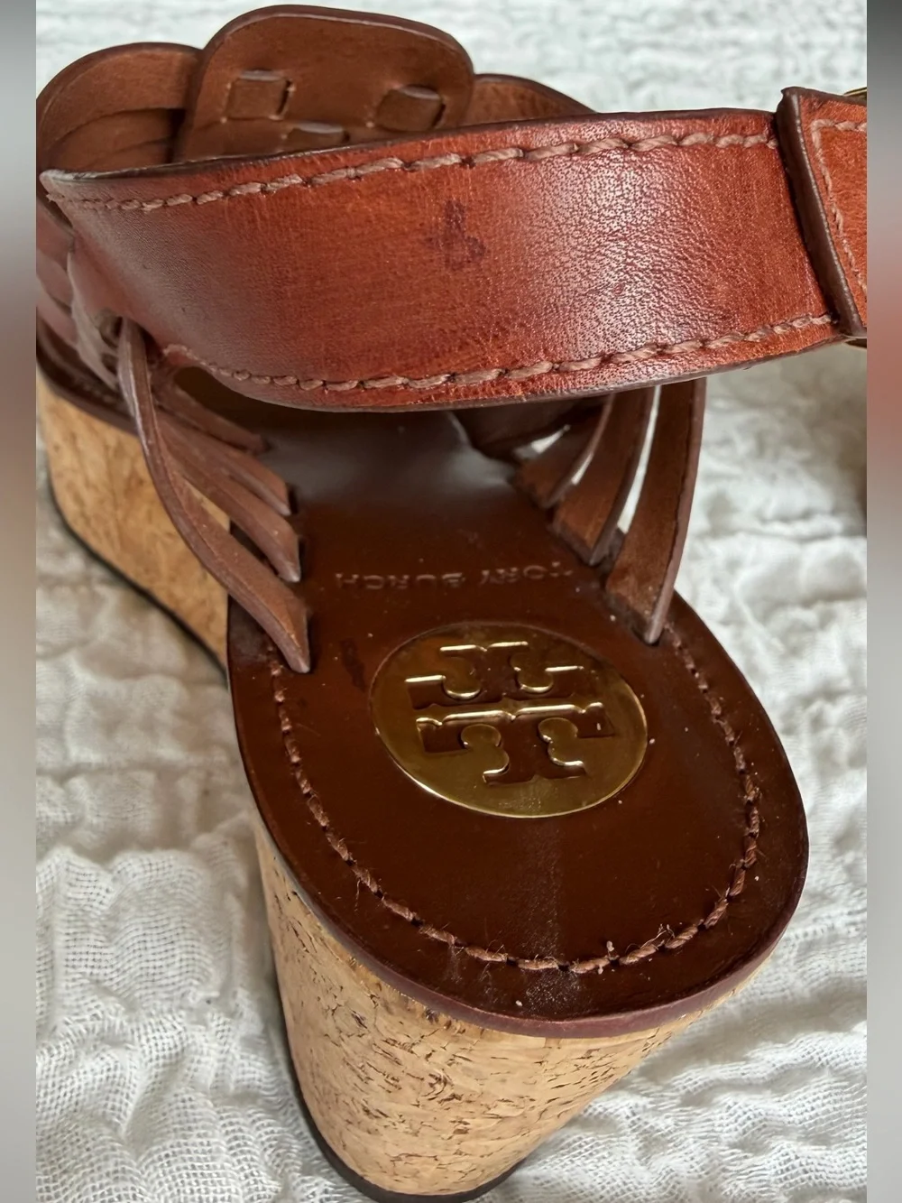 Tory Burch Leather Ace Cork Wedge Sandal Size 8